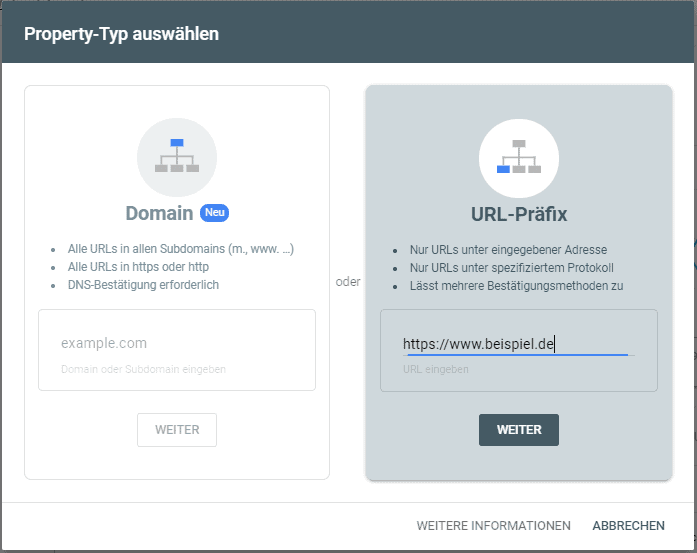 Property Typ in der Google Search Console auswählen