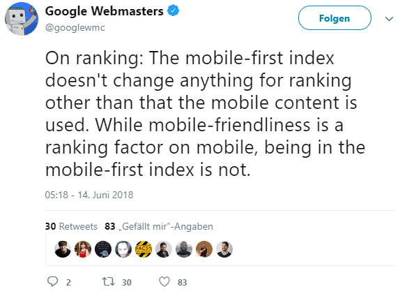 Tweet von Google Webmasters zum Mobile First Index