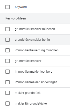 Ausschnitt aus Google Keyword Planner zum Thema "Immobilienmakler Muenchen" : Keywords