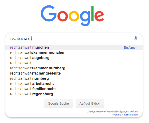 Google Suggest Ergebnisse zum Thema "Rechtsanwalt"