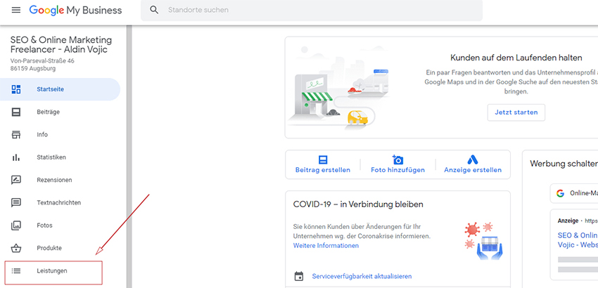 Google My Business Dashboard Leistungen