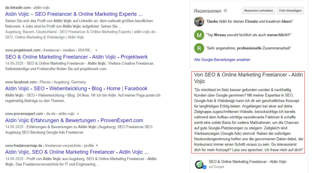 Google My Business Unternehmensbeschreibung und Ausschnitt aus Suchergebnissen zu Aldin Vojic