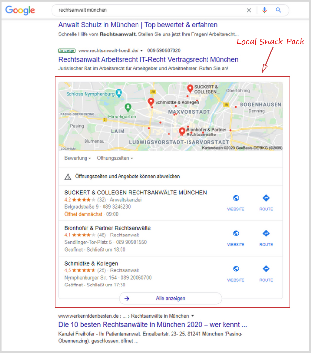 Google SERPS für "Rechtsanwalt München" mit Local Snack Pack